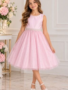 NWT COUTURE PRINCESS Pink Pearl-Trim Girls' Party Dress, size 10.